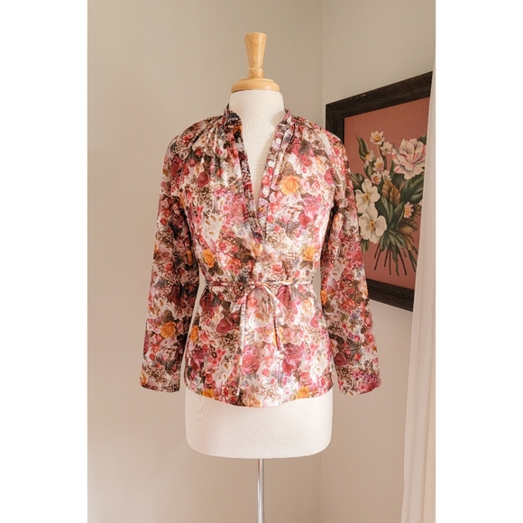 70s Floral Long Sleeve Tie Neck or Waist 1970s Feminine Bohemian Vintage Blouse - Picture 8 of 16